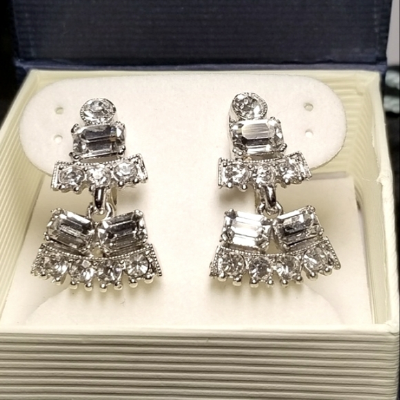 Vintage Bogoff Art Deco Clear Rhinestone Geometric Dangle "Wedding" Earrings - Picture 2 of 8